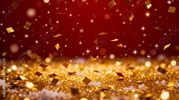 Fototapeta Golden confetti and glitter falling and sparkling against a rich dark red background creating a festive atmosphere