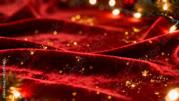 Fototapeta Luxurious deep red velvet fabric draped with sparkling golden glitter and soft glowing christmas lights
