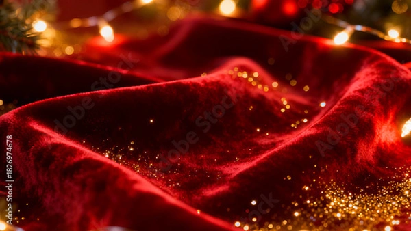 Fototapeta Luxurious deep red velvet fabric draped with sparkling golden glitter and warm bokeh christmas lights
