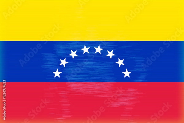 Fototapeta This image showcases a vibrant stylized Venezuelan flag with horizontal lines evoking a textured fabric, featuring bold yellow, blue, and red bands, adorned with an arc of seven white