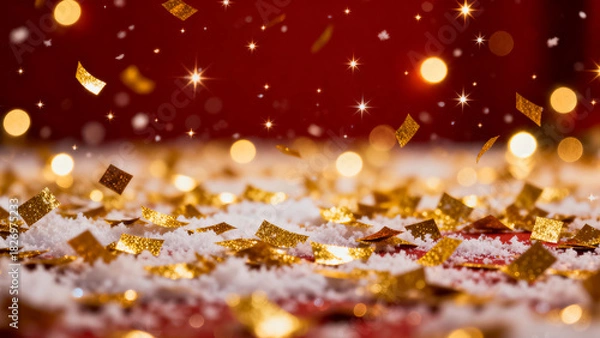 Fototapeta Golden confetti and sparkling lights falling on a snowy surface with a deep red background