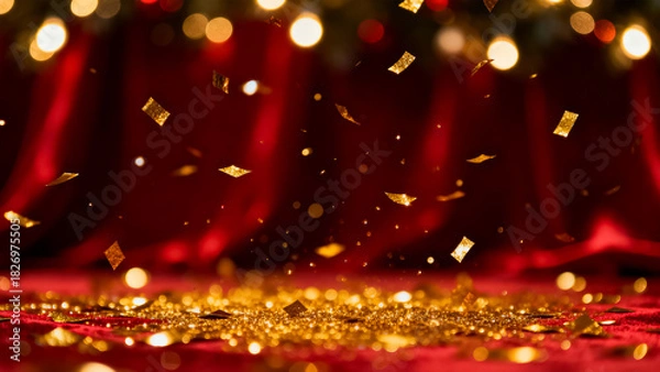 Fototapeta Golden confetti falling onto a red velvet stage illuminated by warm bokeh lights creating a festive atmosphere