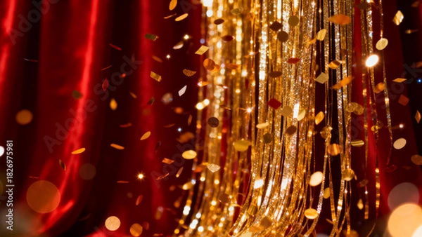 Fototapeta Golden confetti falling in front of a luxurious red velvet curtain creating a festive and celebratory atmosphere