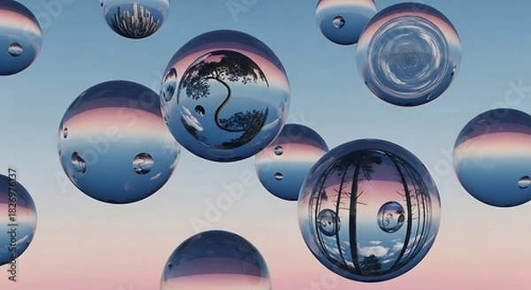 Obraz Multiple clear spheres floating in air reflecting diverse landscapes and sky