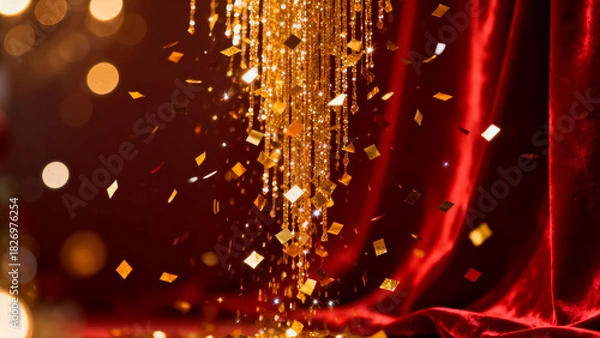 Fototapeta Golden confetti falling dramatically against a rich red velvet curtain creating a celebratory and luxurious atmosphere