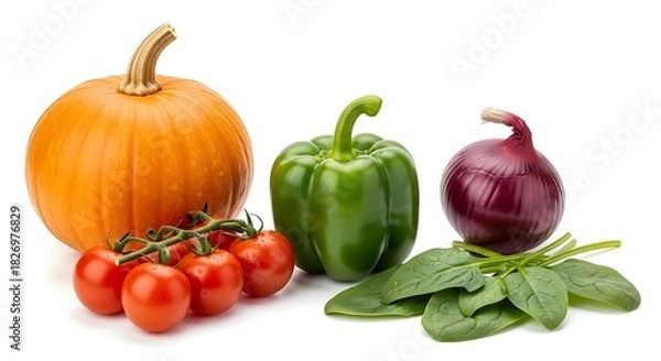 Obraz Fresh vegetables assortment with pumpkin bell pepper tomatoes onion and spinach