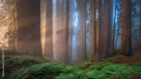 Obraz Sunlit misty redwood forest with lush ferns