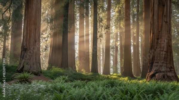 Obraz Golden sunbeams in an ancient redwood forest