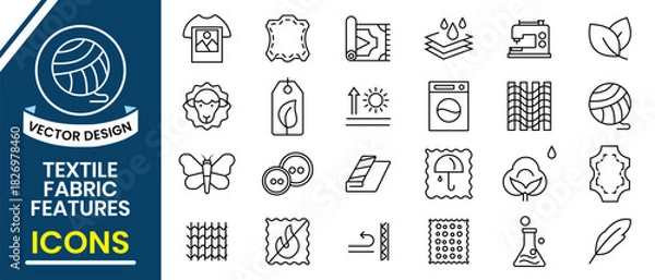 Fototapeta Febric Metarial line icon set. Set of 24 line icons related to textile industry, fabric feather. Fabric features, materials, fabric business, lightweight, outline, leather,  silk, synthetics, wool.