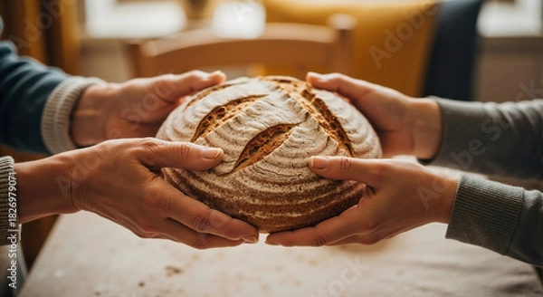 Obraz Hands passing bread loaf, capturing warm moment with close-up view. Hands gently exchanging freshly baked bread loaf in bright light.