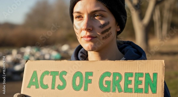 Fototapeta Female volunteer showing Acts of Green poster, acts of green are displayed on sign. Showing acts of green for promoting environmental volunteerism in community.