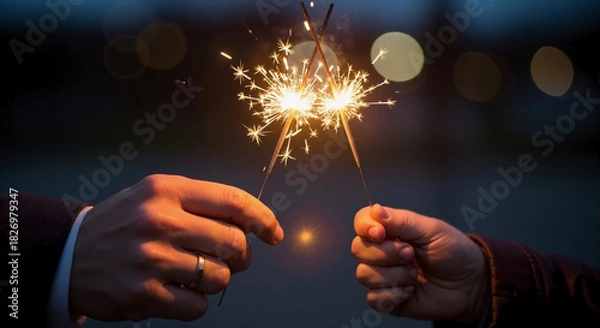 Fototapeta Hands holding sparklers in dark setting, glowing brilliantly. Hands with sparklers ignite celebration mood, creating festive atmosphere against dim backdrop. Capture joy with hands holding sparklers.