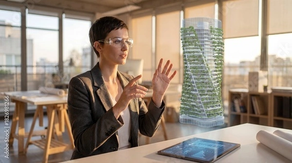 Fototapeta Architect Using AR to Visualize Futuristic Eco-Friendly Skyscraper Design.