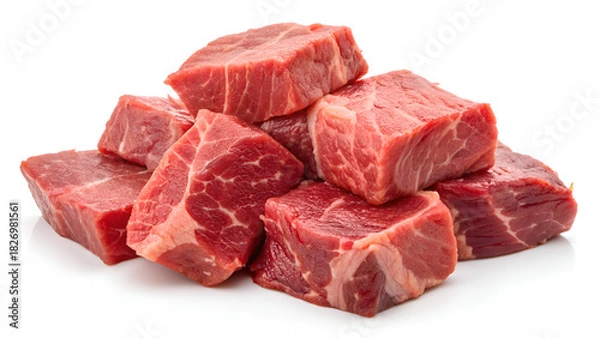 Obraz Prime beef cubes ready for grilling, stewing or kabobs, showing fresh marbling and rich color for culinary creations and delicious recipes