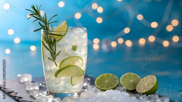 Obraz Refreshing summer cocktail with lime and rosemary, perfect for a hot day, enjoy this cold drink with friends at the beach or by the pool