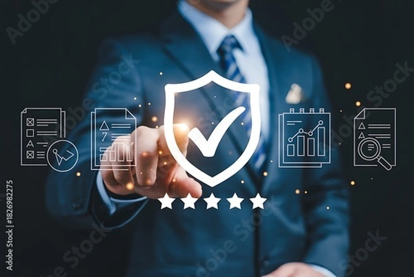 Fototapeta Businessman points to shield with checkmark and five star rating