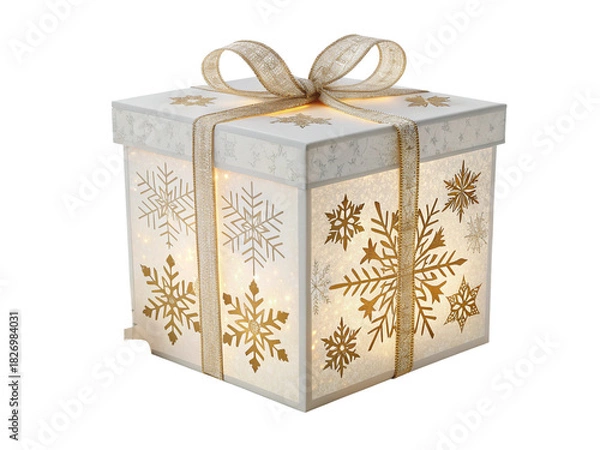 Fototapeta Illuminated white gift box with snowflakes isolated on transparent background