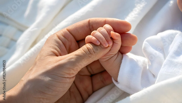 Fototapeta Precious moment of a loving father holding his newborn baby's tiny hand with gentle care, creating a bond of love and security forever