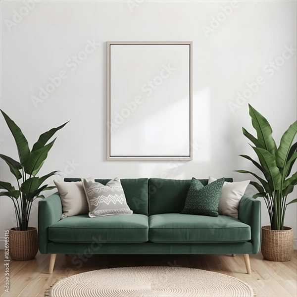 Fototapeta A minimalist living room concept featuring a comfortable green couch, large potted plants, and a blank poster frame mockup on a bright white wall