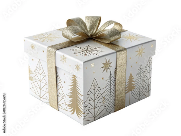 Fototapeta Elegant white gift box with gold christmas tree design isolated on transparent background