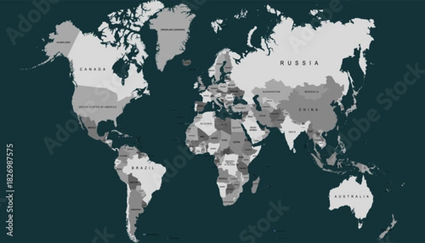 Fototapeta World map. Grey modern vector map. Silhouette map