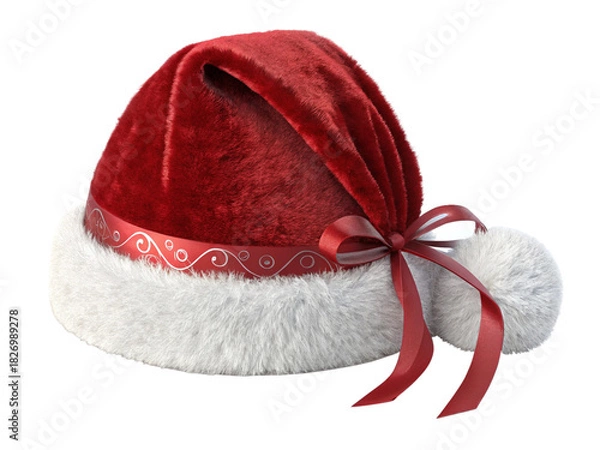 Fototapeta Red santa hat with white trim and ribbon isolated on transparent background