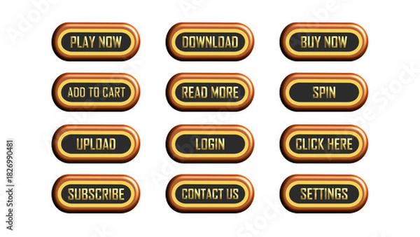 Fototapeta Black Wooden Frame Buttons with Gold Text – 3D Vector UI Button Set