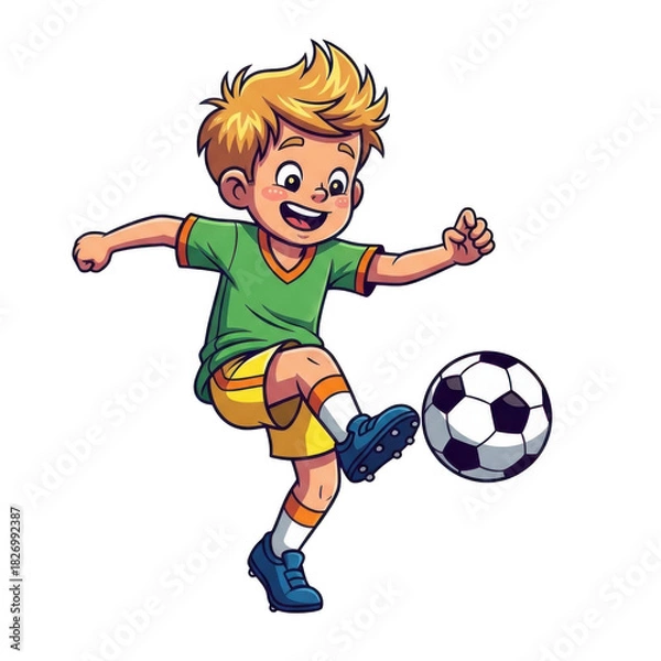 Fototapeta Joyful cartoon boy kicking a soccer ball with enthusiasm