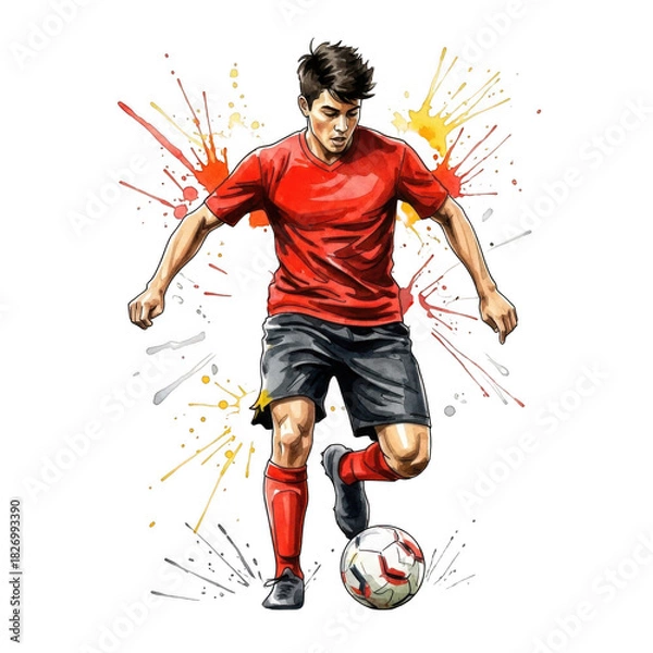 Fototapeta Dynamic soccer player in action with colorful paint splatter