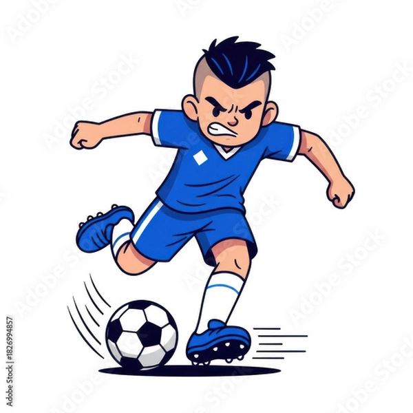 Fototapeta Angry cartoon soccer player kicking ball with fierce expression