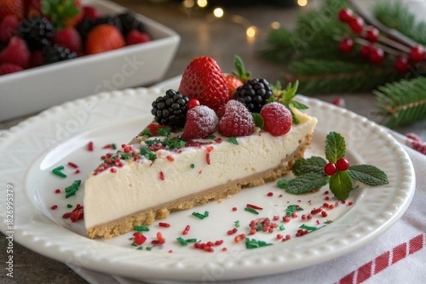 Fototapeta A slice of Christmas ice cream tart with berries and decorations on the side, placed in front of an elegant plate.