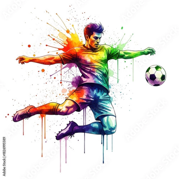 Fototapeta Dynamic soccer player kicking ball in vibrant rainbow splash art