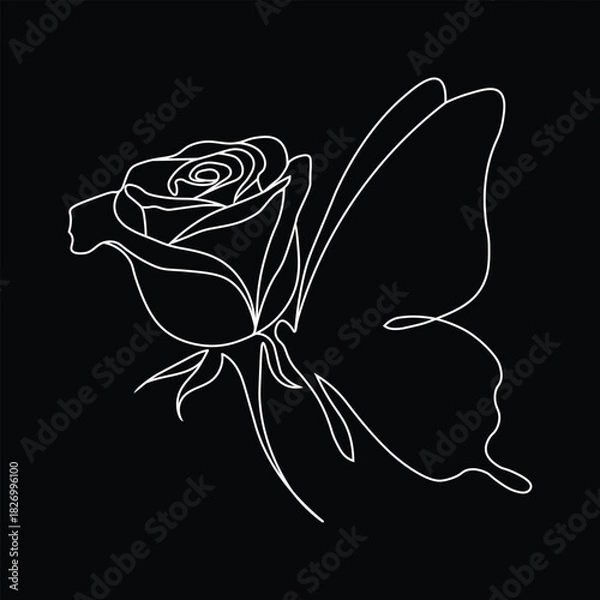 Obraz Elegant white line art of a rose with butterfly wings on black background
