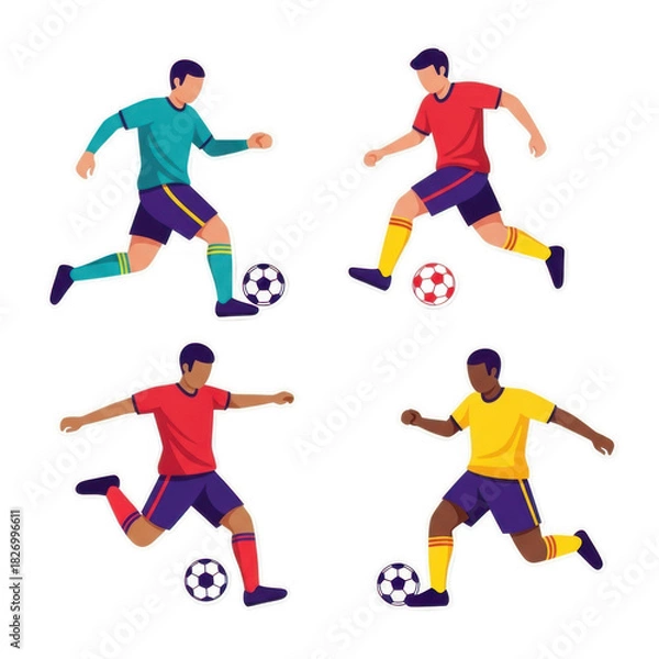 Fototapeta Four dynamic soccer players in action on a black background
