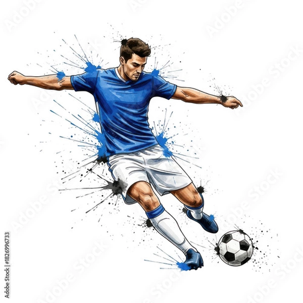Fototapeta Dynamic soccer player kicking ball with splash effect