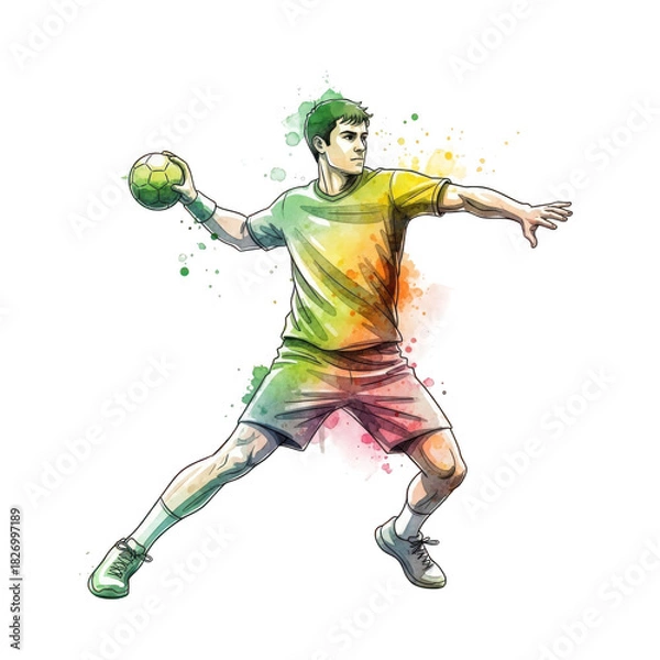 Fototapeta Dynamic watercolor handball player in action