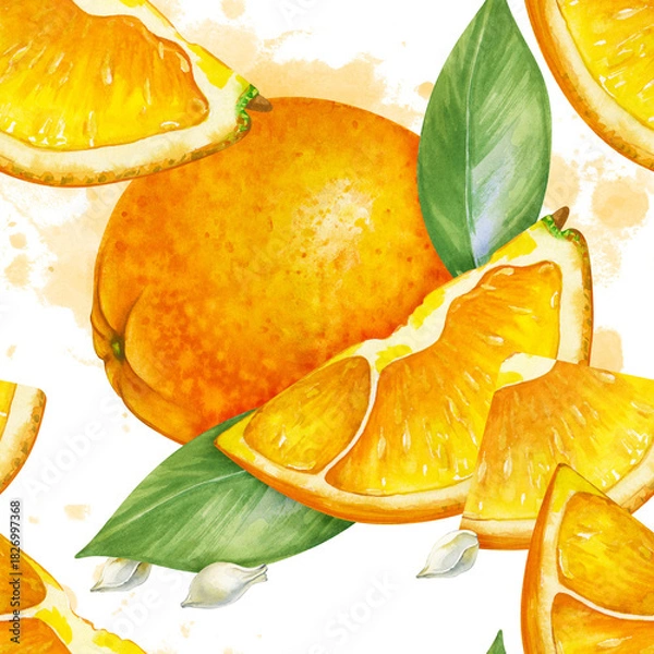 Fototapeta Seamless pattern with painted orange, lobule, green leaves and seeds on an isolated background. Watercolor illustration of juicy fruits on the background of a watercolor stain. A botanical template