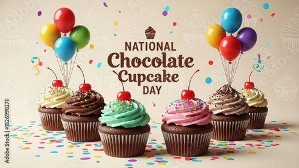 Fototapeta Celebratory chocolate cupcakes with colorful frosting and cherries topped with sprinkles and balloons, honoring national chocolate cupcake day, festive decoration.