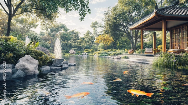 Fototapeta The gentle rustling of leaves and the splash of fish in the lake create a calming soundtrack. What do you do to fully immerse yourself in this natural retreat?
