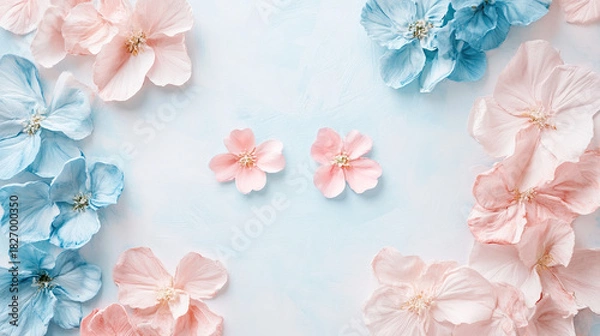 Fototapeta The image features watercolor paintings of light blue and pink flowers with the text Boy or Girl in the center, suggesting it is related to a gender reveal event