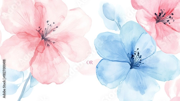 Fototapeta The image features watercolor paintings of light blue and pink flowers with the text Boy or Girl in the center, suggesting it is related to a gender reveal event