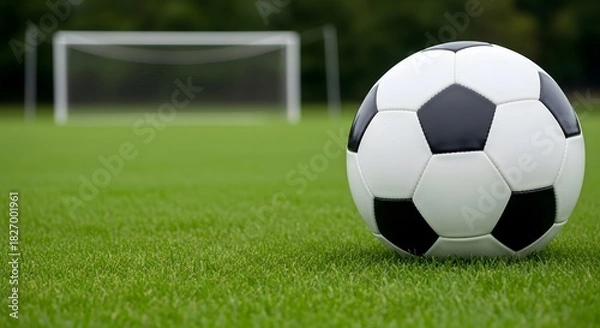 Obraz Soccer ball on green grass with goal in the background