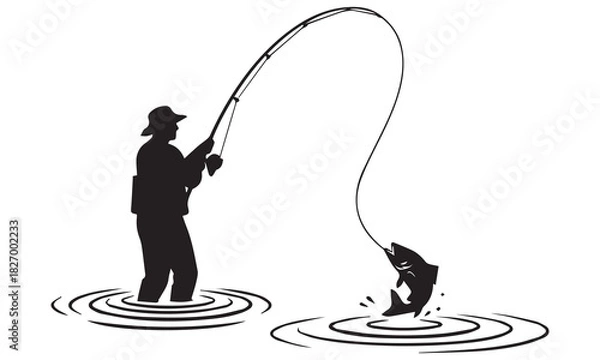 Fototapeta Fishing & Diving Silhouette Vector Bundle: Fisherman, Fish Hooks, Scuba Divers, and Nature Scenes Graphics