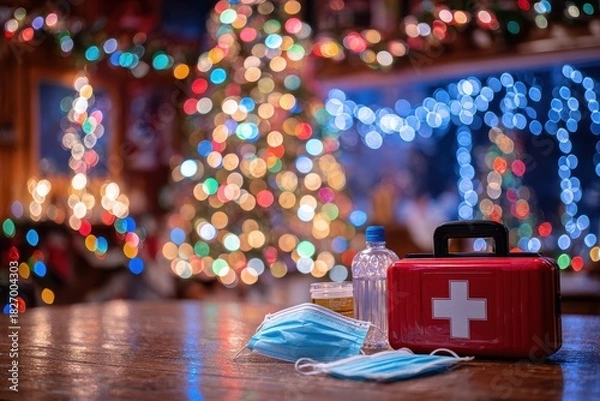 Obraz A close-up of a holiday scene with a decorated tree in the background, foregrounded by a first aid kit, masks, and hand sanitizer, soft, inviting lighting enhancing the cheerful mood