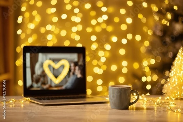 Obraz A laptop open on a colorful holiday-themed desk, soft golden lighting highlighting a heartwarming video call with loved ones during the Christmas season