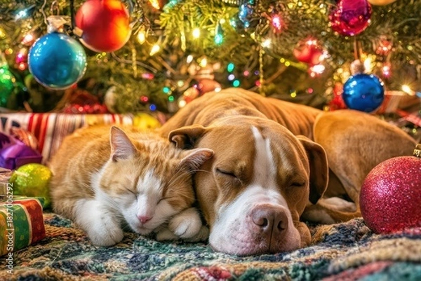 Obraz A dog and cat snuggled together under a brightly lit Christmas tree, surrounded by colorful ornaments and gifts, radiating warmth and holiday cheer