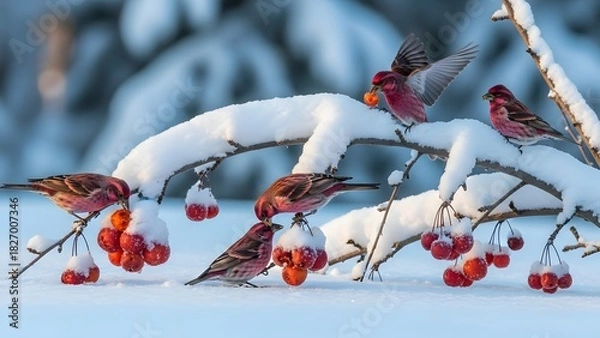 Obraz Delightful purple finches relish winter berries on snow-covered branches, a charming scene of wildlife thriving in a beautiful winter wonderland