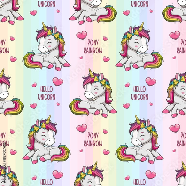 Obraz Seamless Pattern Cute Pony Unicorn With Rainbow Background. Vector Cartoon Illustration