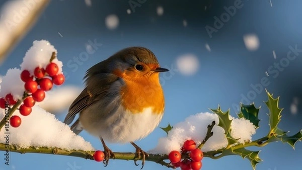 Obraz Charming robin perched on snowy holly branch, winter wonderland scene brings Christmas spirit and joyful holiday cheer, evokes cozy seasonal feelings