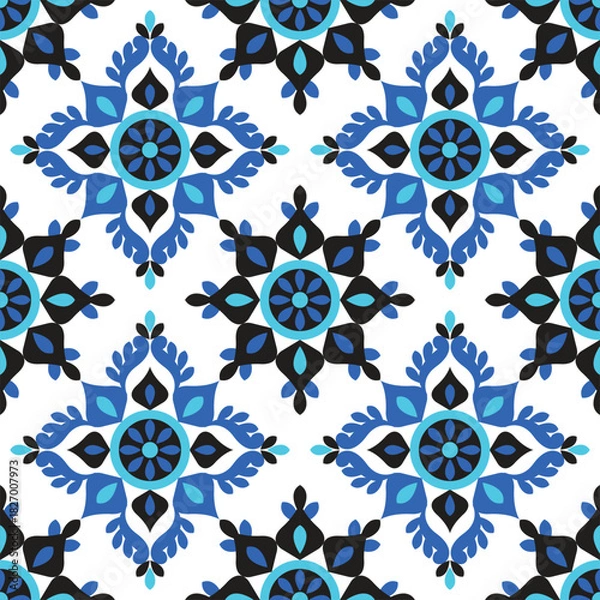 Obraz Seamless Arabian ethnic tribal fabric pattern delicate blue floral and ornate geometric motifs.